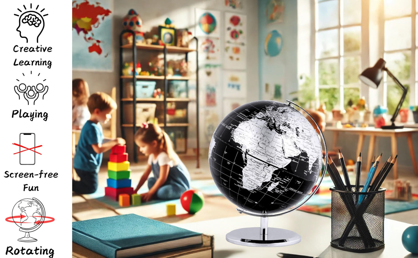 Exerz 10-Inch World Globe Black – Stainless Steel Arc & Base | Educational Desktop Globe