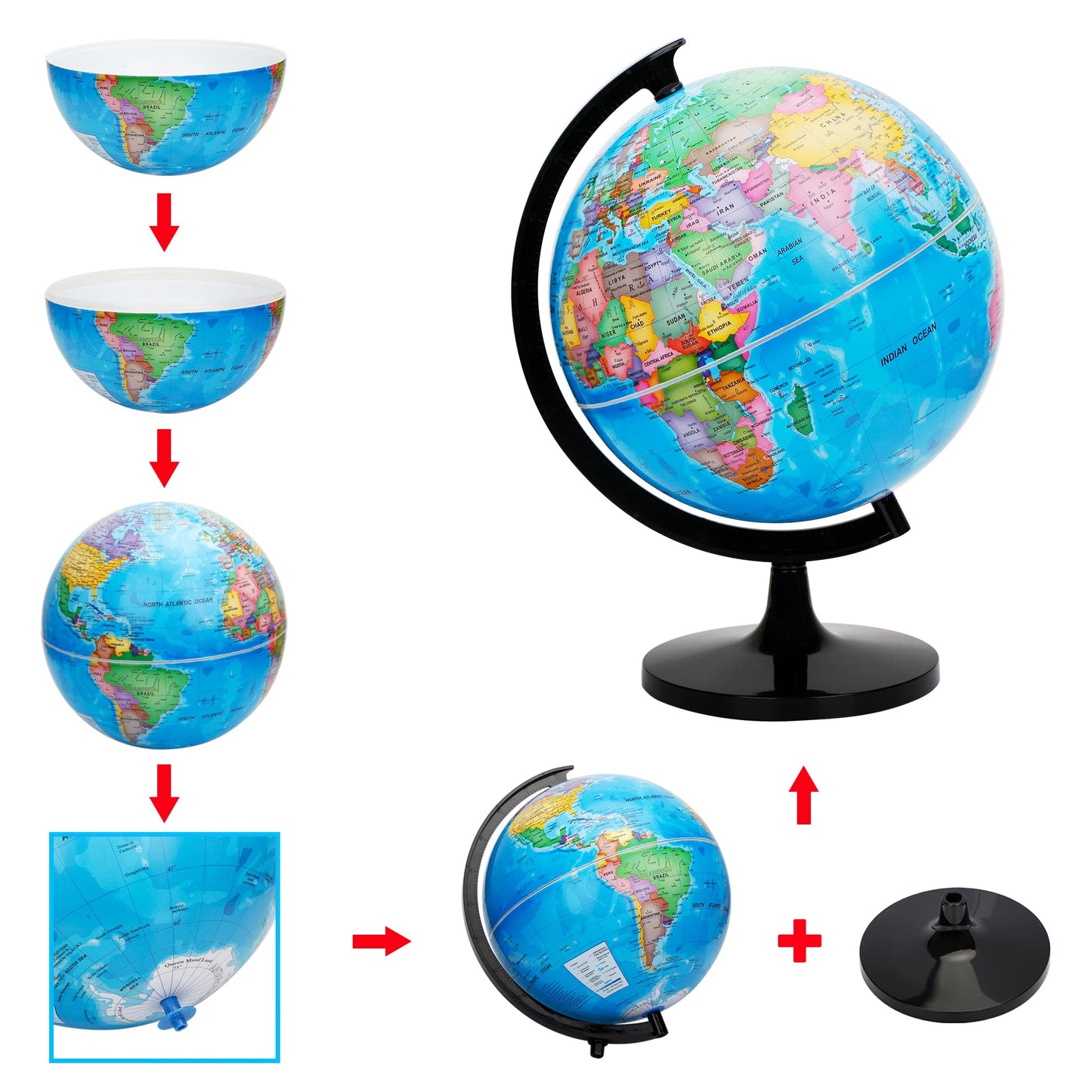 Exerz 12-Inch World Globe – Self-Assembled Educational Political Map for Classroom