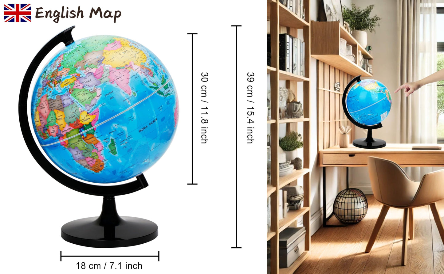 Exerz 12-Inch World Globe – Self-Assembled Educational Political Map for Classroom