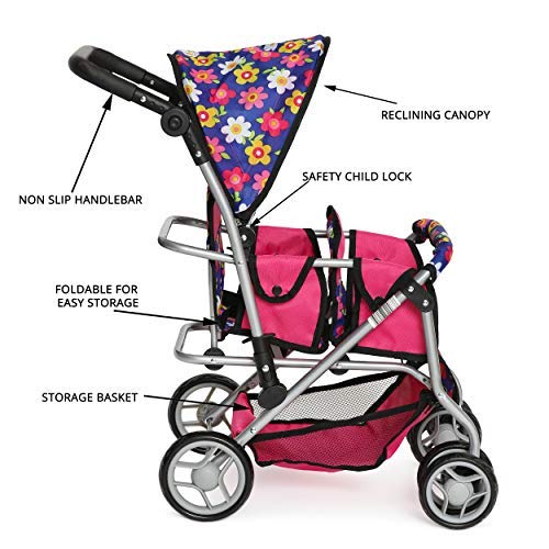 Exquisite Buggy Twin Doll Stroller with Diaper Bag & Swivel Wheels – Pink & Polka Dot Flower Design