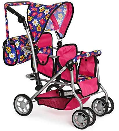 Exquisite Buggy Twin Doll Stroller with Diaper Bag & Swivel Wheels – Pink & Polka Dot Flower Design