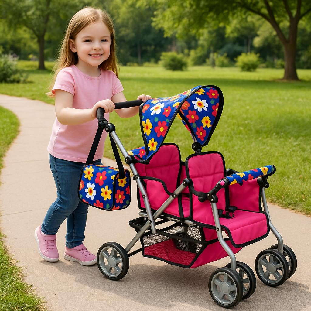 Exquisite Buggy Twin Doll Stroller with Diaper Bag & Swivel Wheels – Pink & Polka Dot Flower Design
