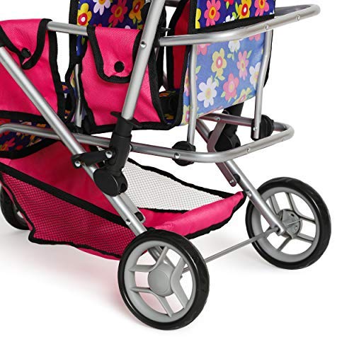 Exquisite Buggy Twin Doll Stroller with Diaper Bag & Swivel Wheels – Pink & Polka Dot Flower Design
