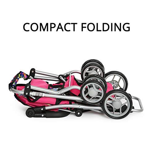 Exquisite Buggy Twin Doll Stroller with Diaper Bag & Swivel Wheels – Pink & Polka Dot Flower Design