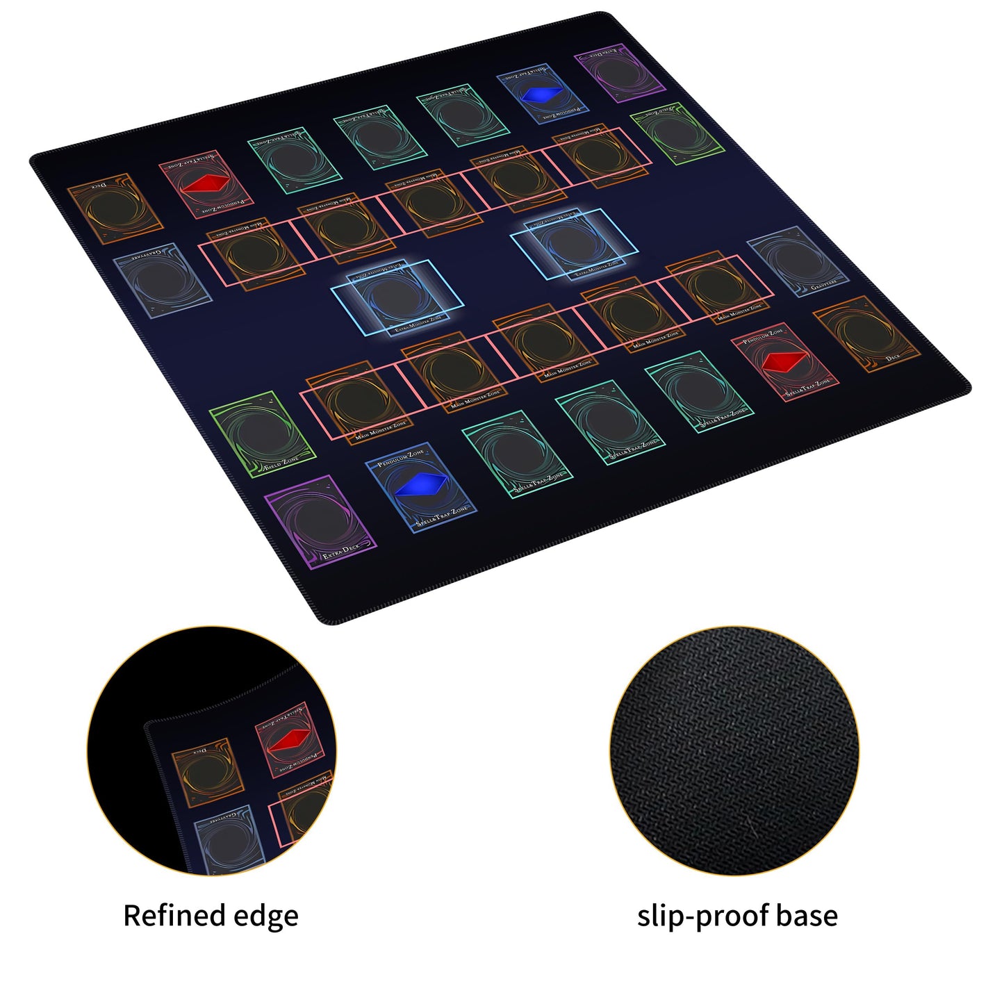 Extalas Stitched Yugioh Playmat – Master Rule Duel Field Zones, Large 24x14 in Card Game Mat with Original Art (Basic4)