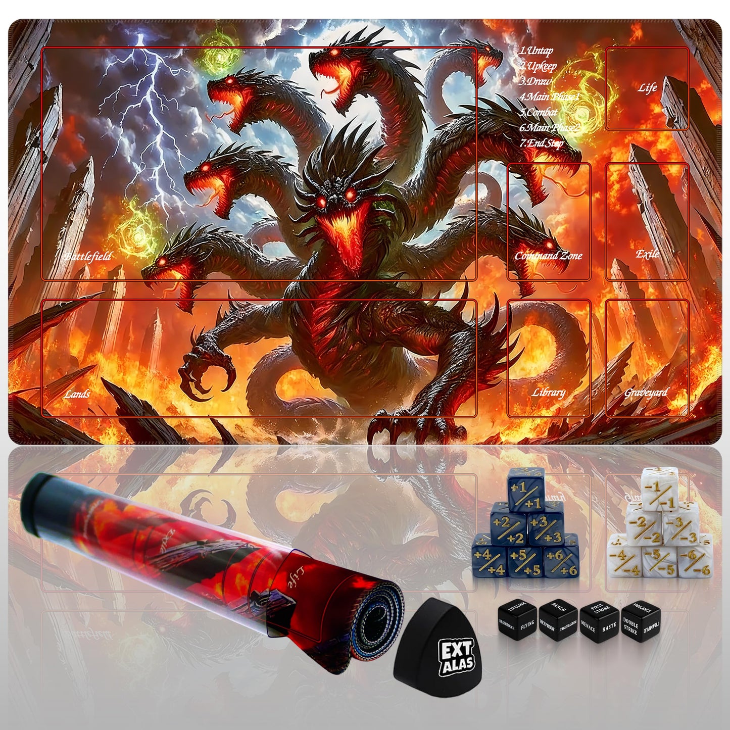 Extalas MTG Playmat with Storage Tube & 16 Dice – Edge-Locking Waterproof Non-Slip 24x14 in (Dragon Fire Vortex)