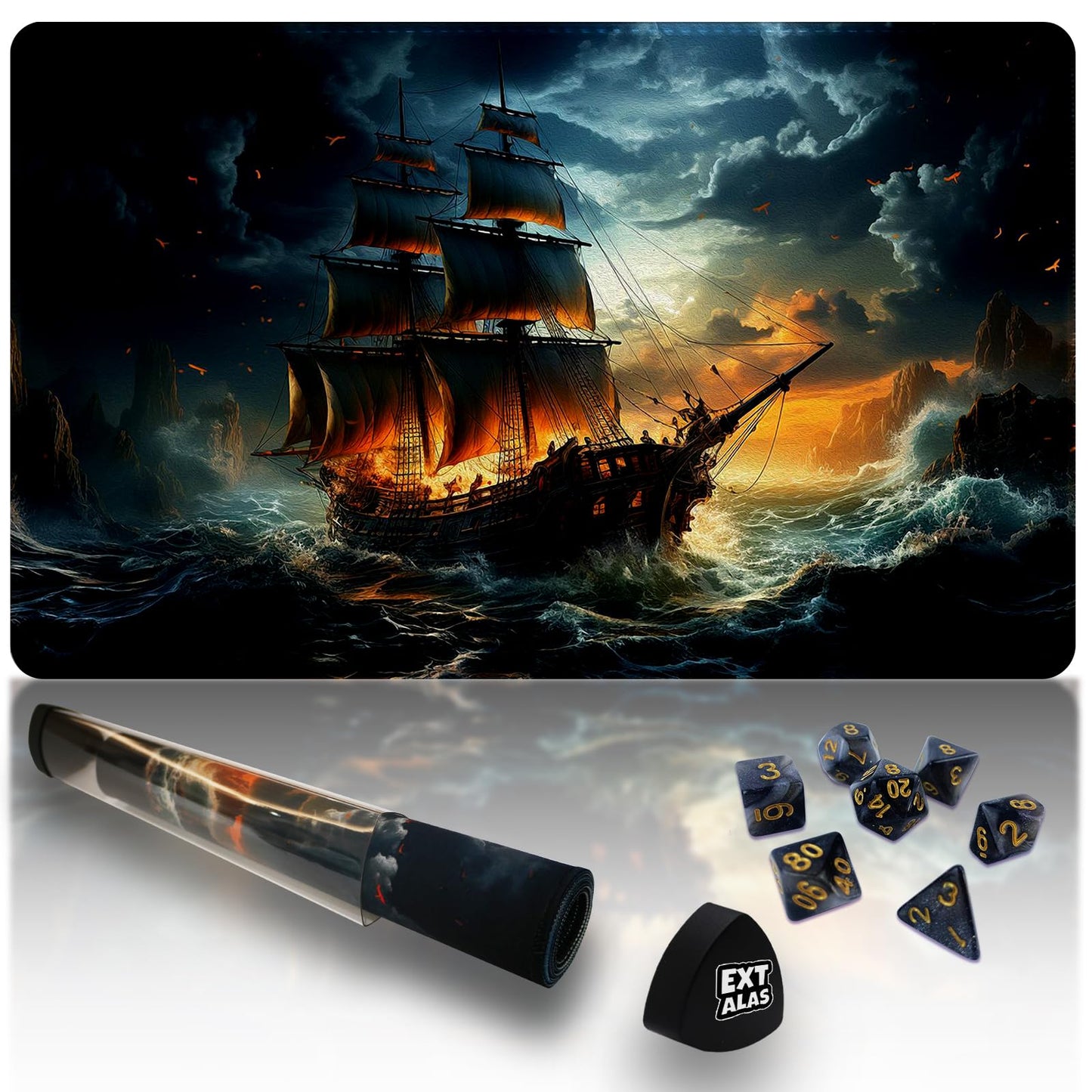 Extalas MTG Playmat 24x14 in – The Mysterious Ghost Ship, Non-Slip, Waterproof, Includes Storage Tube & 7 Dice