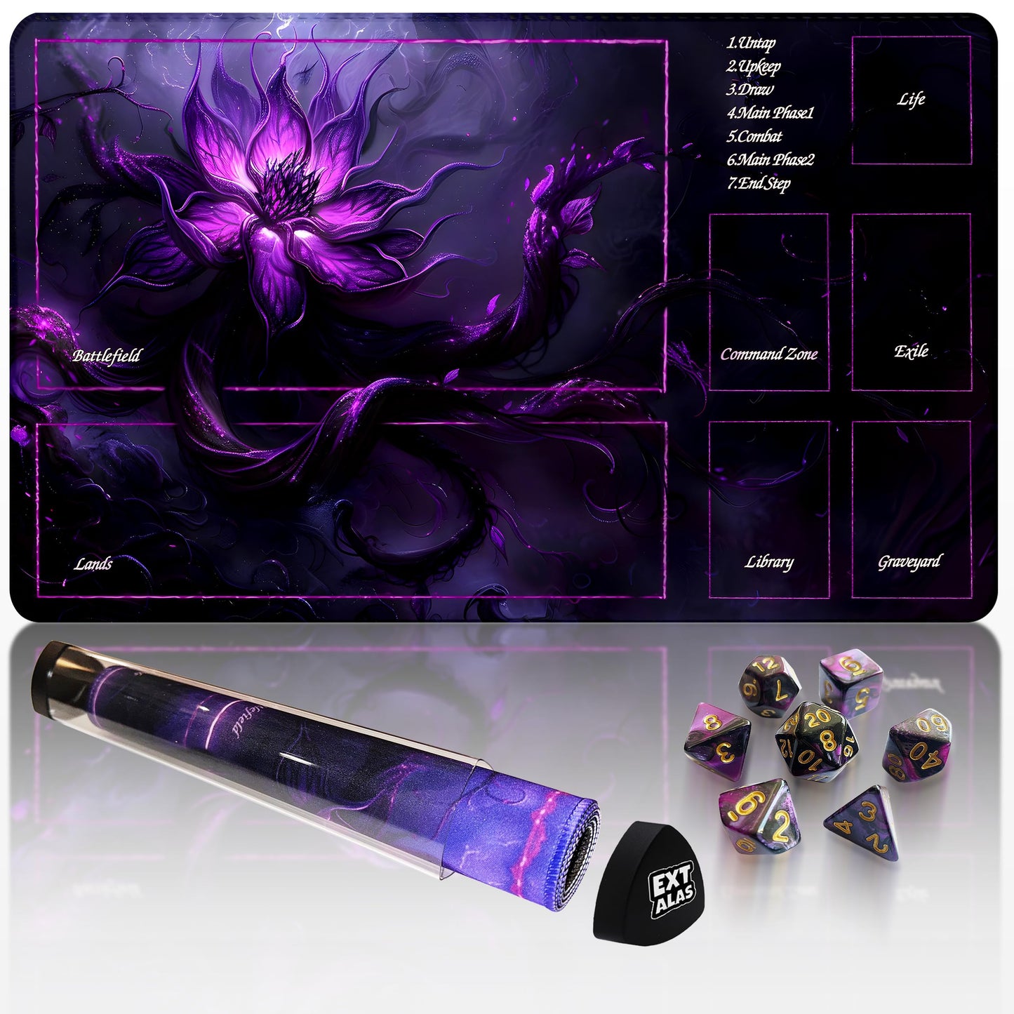 Extalas MTG Playmat 24x14in with Storage Tube & 7 Dice — Waterproof & Non-Slip