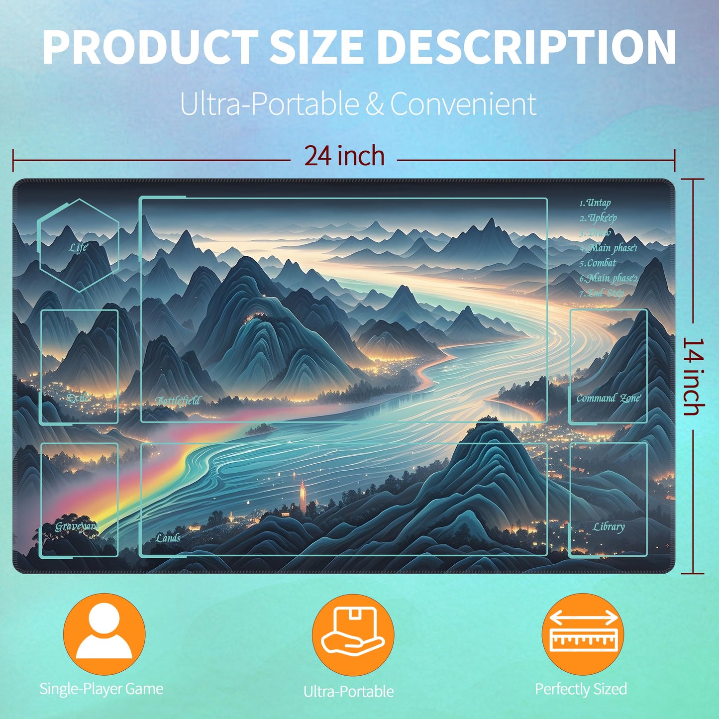 Extalas MTG Playmat TCG Playmat – Includes Storage Bag and 16 Dice – Experience Top-Tier Quality and Edge-Locking Waterproof Non-Slip Mat (Playmat with Starry Sea and Fire)