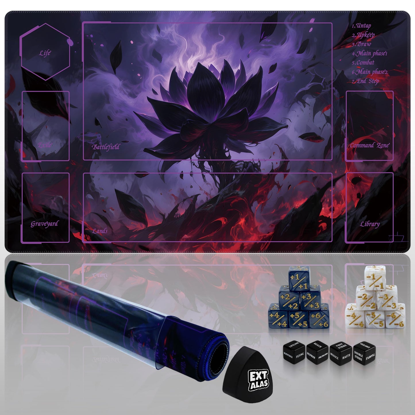 Extalas MTG Playmat Dark Flame Lotus – 24x14 in, Non-Slip Waterproof Mat with Storage Bag & 16 Dice