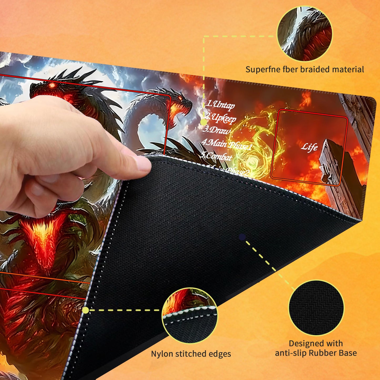 Extalas MTG Playmat with Storage Tube & 16 Dice – Edge-Locking Waterproof Non-Slip 24x14 in (Dragon Fire Vortex)