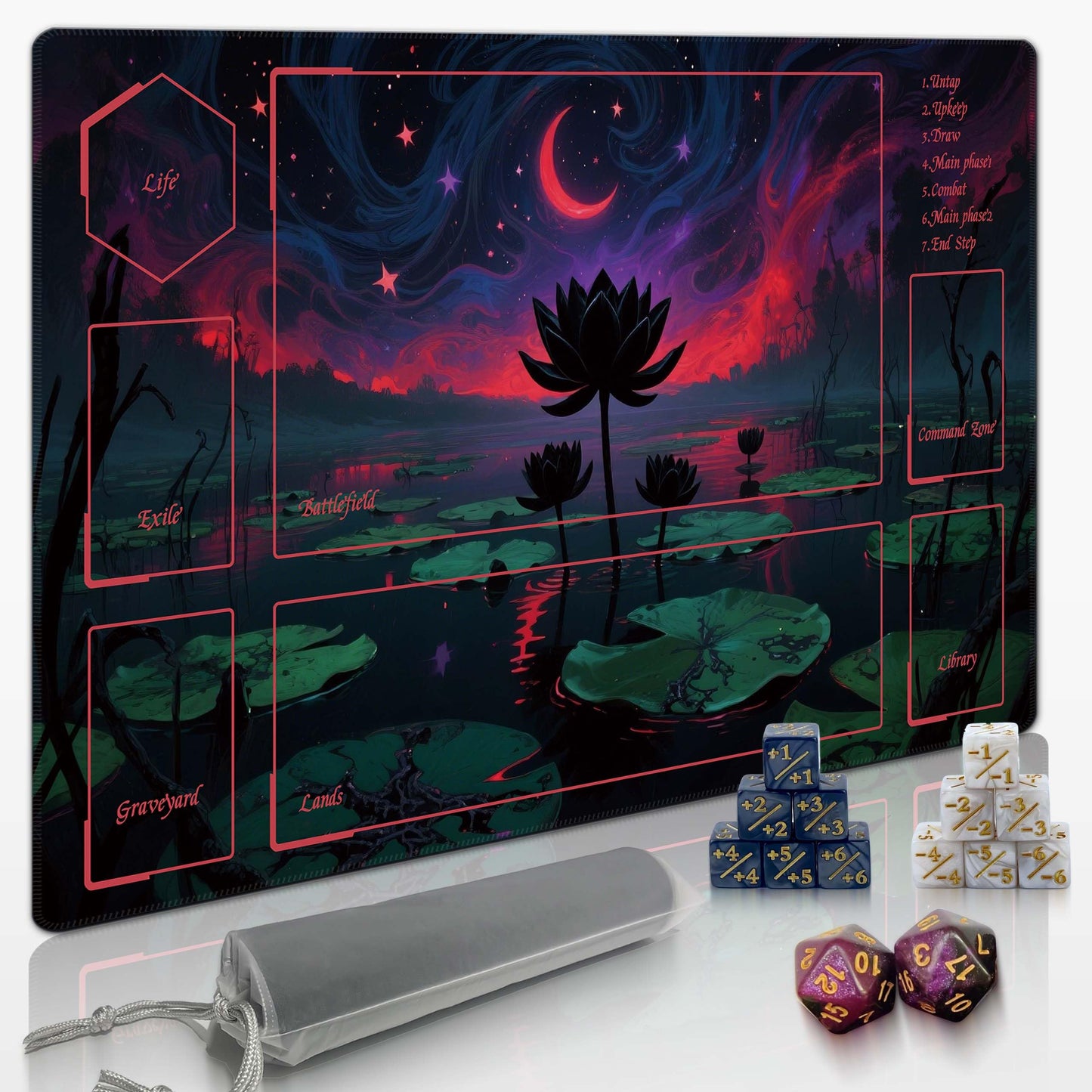Extalas MTG Playmat – 24x14 in, Edge-Locking Waterproof, Non-Slip, Includes Storage Bag & 7 Dice | Lotus Flower