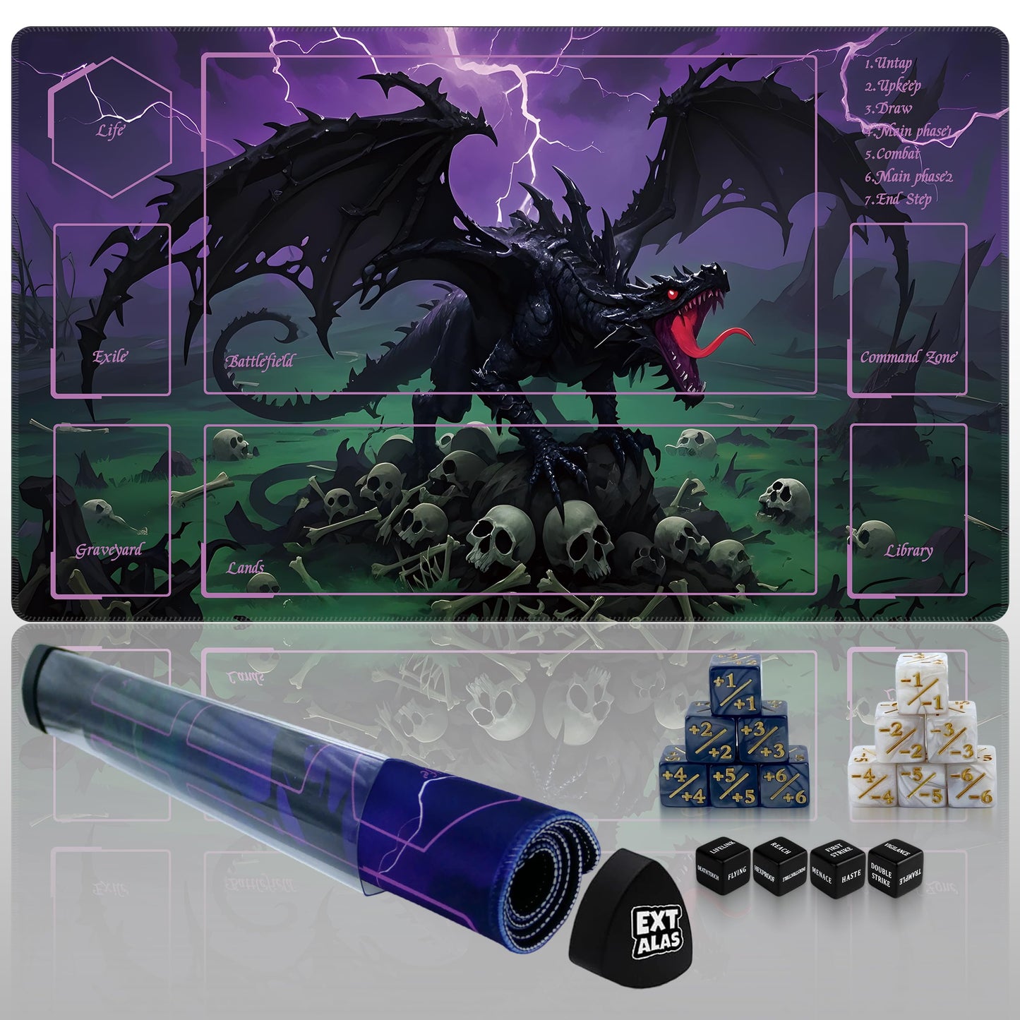 Extalas MTG Playmat TCG Playmat – Includes Storage Bag & 16 Dice | Edge-Locking Waterproof & Non-Slip Surface (Roaring Dragon)