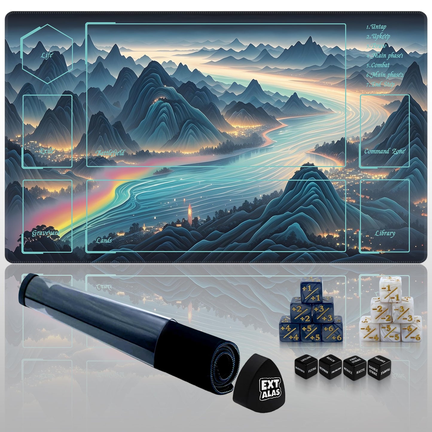 Extalas MTG Playmat TCG Playmat – Includes Storage Bag and 16 Dice – Experience Top-Tier Quality and Edge-Locking Waterproof Non-Slip Mat (Playmat with Starry Sea and Fire)
