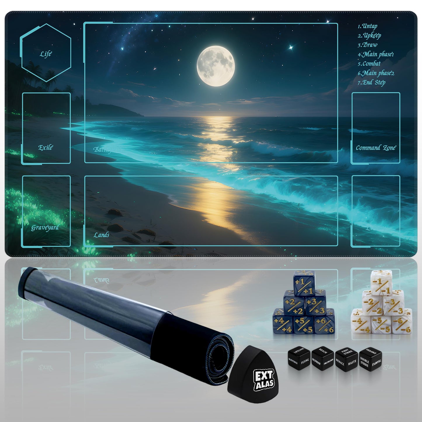 Extalas MTG Playmat Moonlit Coast – Waterproof, Non-Slip, Edge-Locking | Bag & 16 Dice