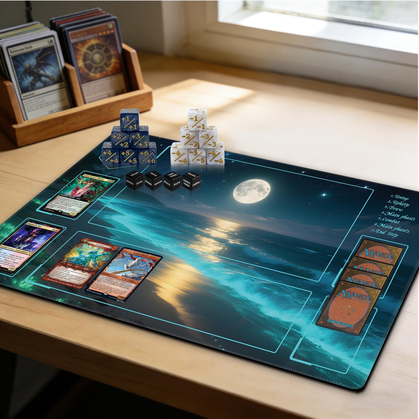 Extalas MTG Playmat Moonlit Coast – Waterproof, Non-Slip, Edge-Locking | Bag & 16 Dice