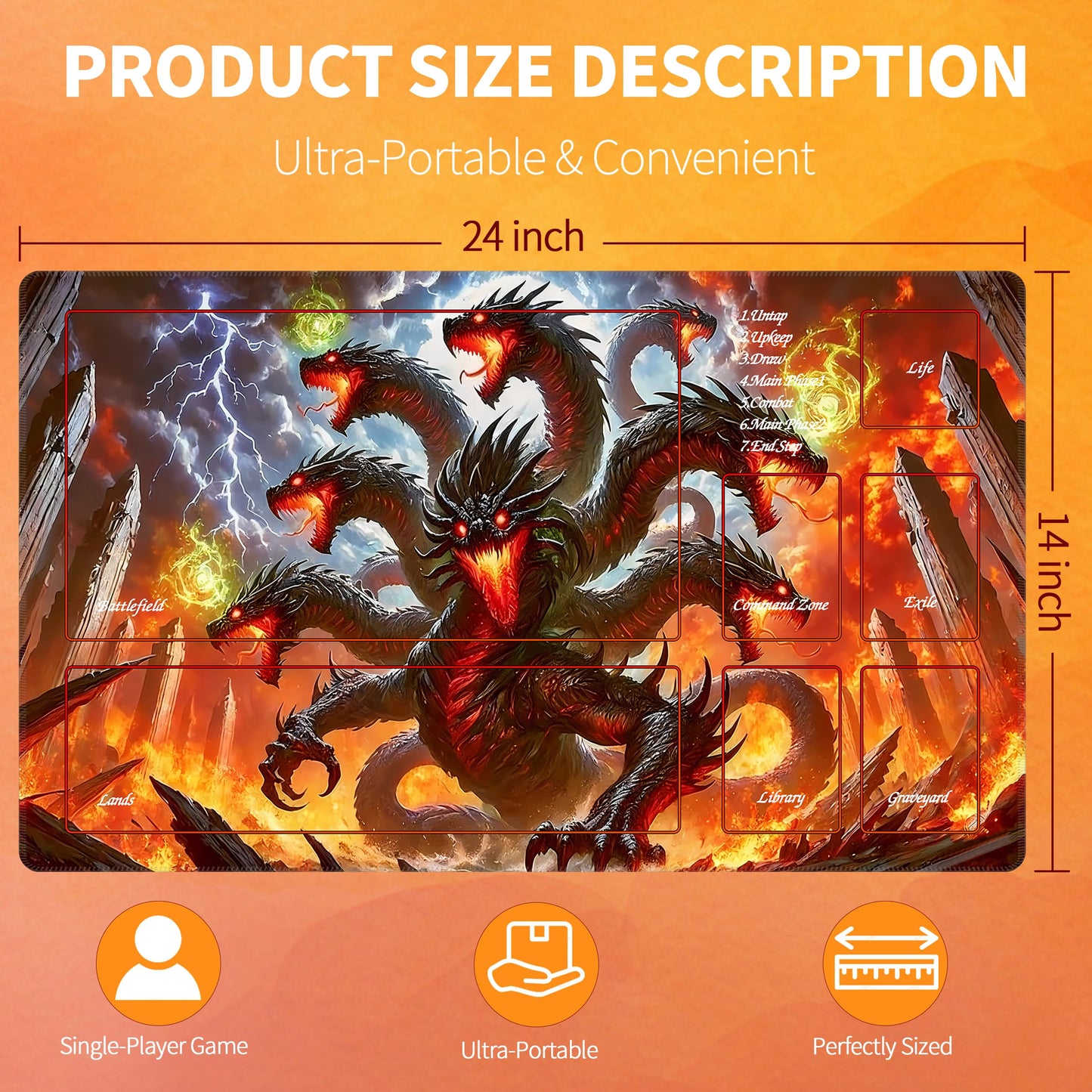 Extalas MTG Playmat with Storage Tube & 16 Dice – Edge-Locking Waterproof Non-Slip 24x14 in (Dragon Fire Vortex)