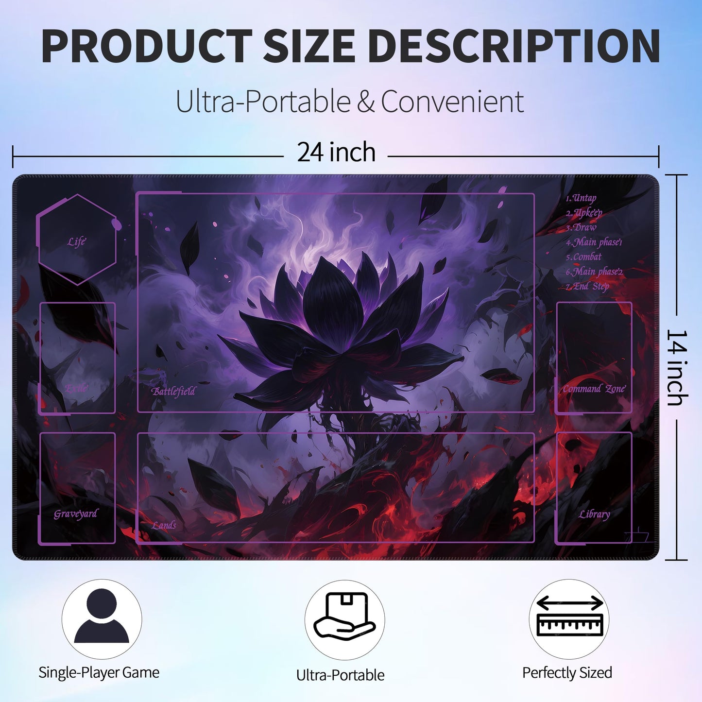 Extalas MTG Playmat Dark Flame Lotus – 24x14 in, Non-Slip Waterproof Mat with Storage Bag & 16 Dice