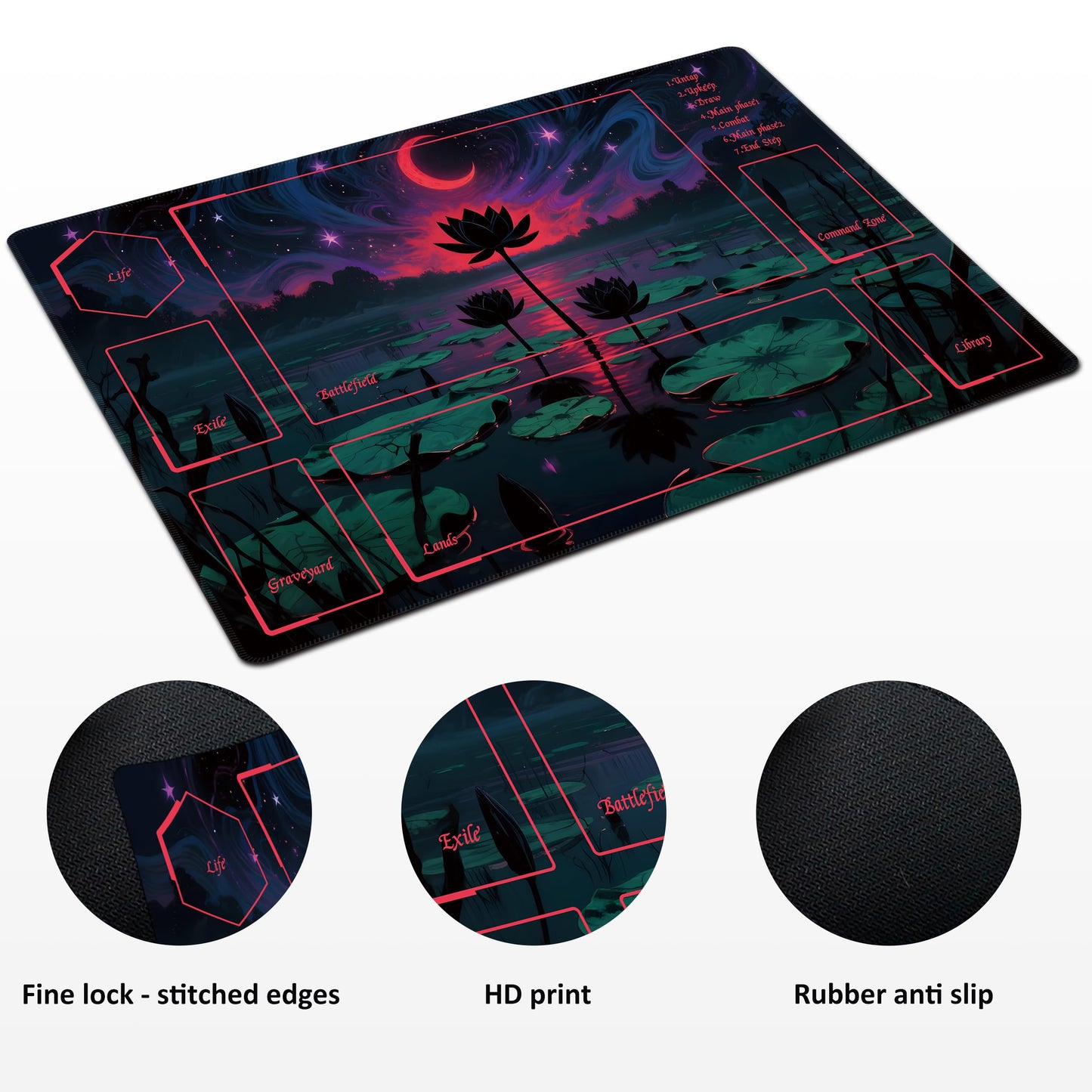 Extalas MTG Playmat – 24x14 in, Edge-Locking Waterproof, Non-Slip, Includes Storage Bag & 7 Dice | Lotus Flower