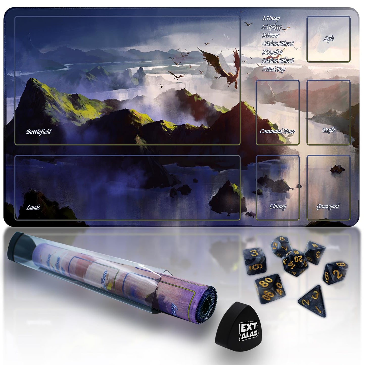 Extalas MTG Playmat – 24x14 in, Non-Slip, Edge-Locking Waterproof with Storage Tube & 7 Dice