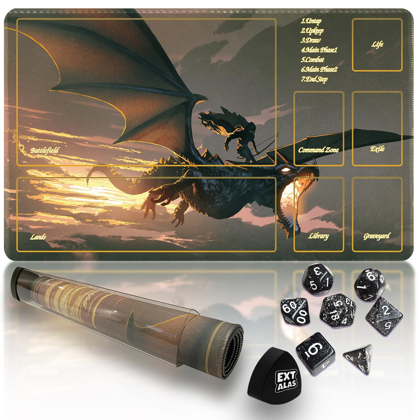 Extalas MTG Playmat with Zones – Non-Slip 24x14in Surface, Storage Tube & 7 Dice