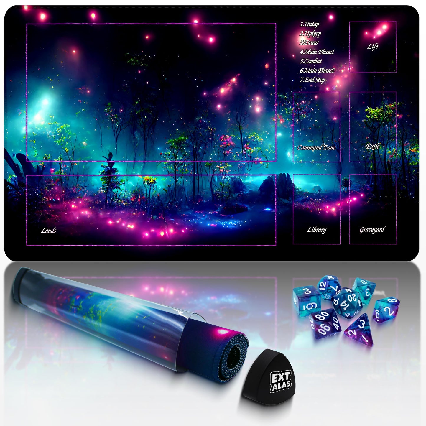 Extalas MTG Playmat with Zones – Non-Slip, Waterproof, Includes 7 Dice & Storage Tube