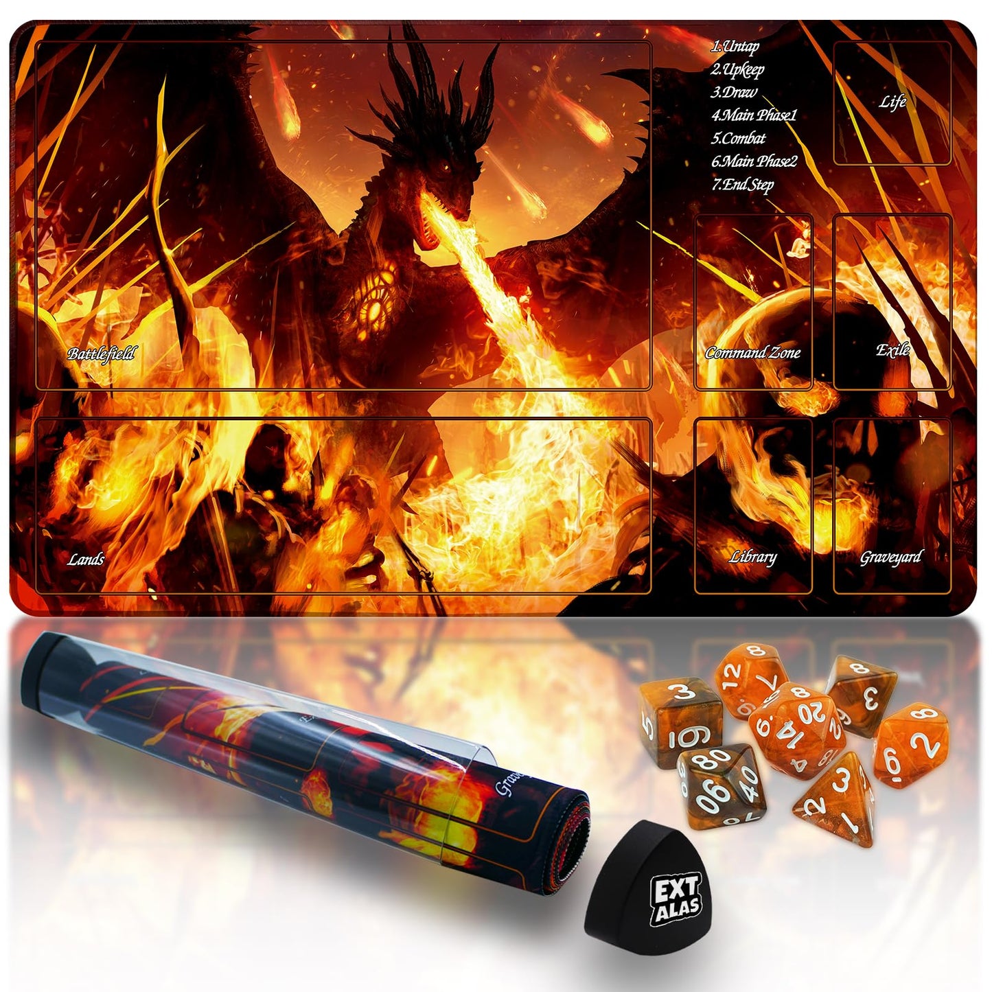 Extalas MTG Playmat with Zones - Waterproof, Non-Slip, Includes Storage Tube & 7 Dice