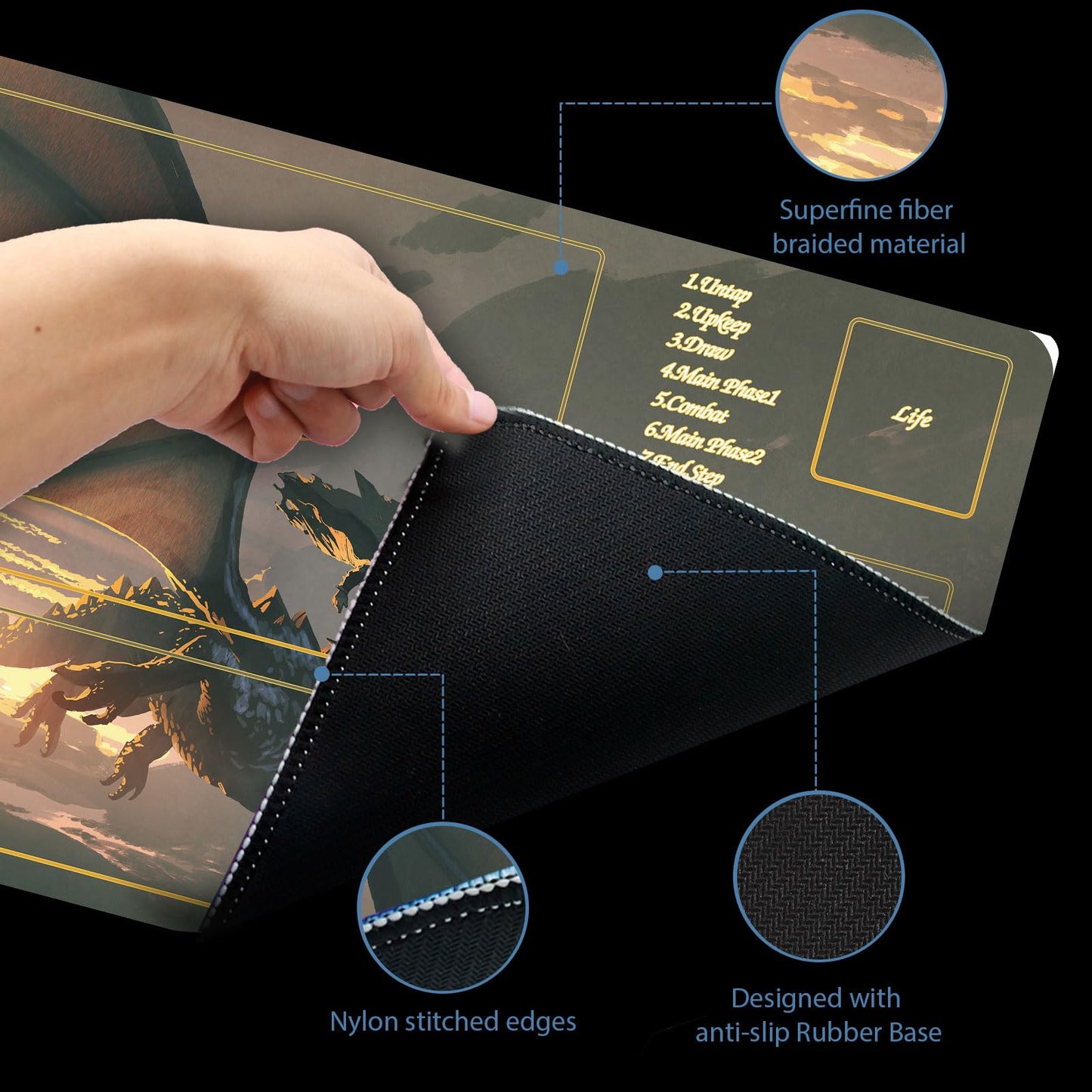 Extalas MTG Playmat with Zones – Non-Slip 24x14in Surface, Storage Tube & 7 Dice