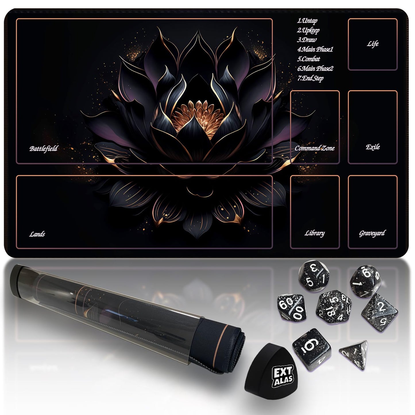Extalas MTG Playmat with Zone Map | Waterproof, Non-Slip, Includes Storage Tube & 7 Dice
