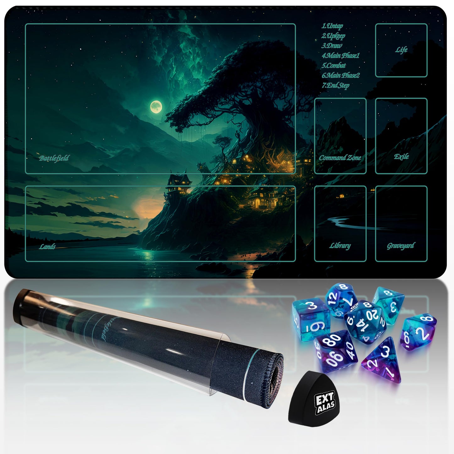 Extalas MTG Playmat with Storage Tube & 7 Dice | Waterproof, Non-Slip, Edge-Locking 24x14 in (Greenery)