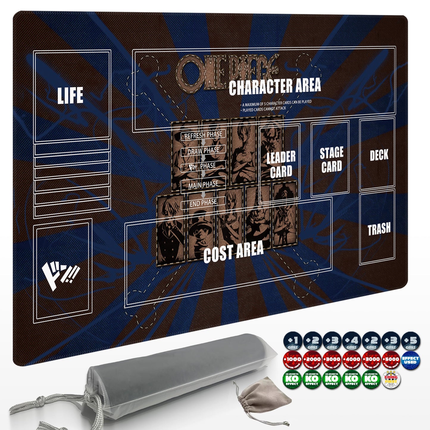 Extalas One Piece Card Game Playmat 24x14 in — Non-Slip Rubber, Zone Design, Includes Storage Bag & 20 Damage Counters (Black1)