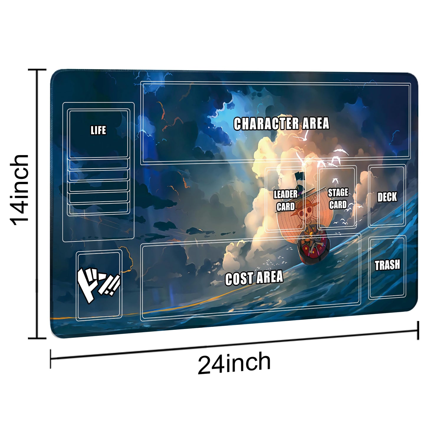 Extalas Playmat for One Piece Card Game – 24x14 in, Non-Slip Rubber, Zone Design, Storage Bag + 20 Damage Counters