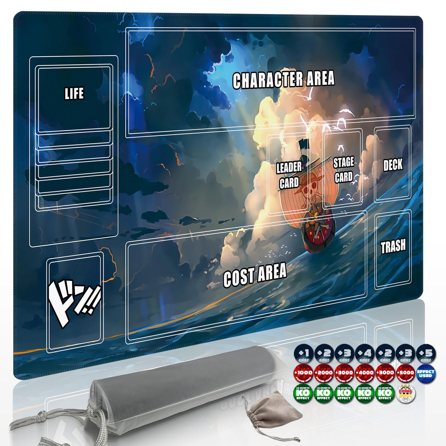 Extalas Playmat for One Piece Card Game – 24x14 in, Non-Slip Rubber, Zone Design, Storage Bag + 20 Damage Counters
