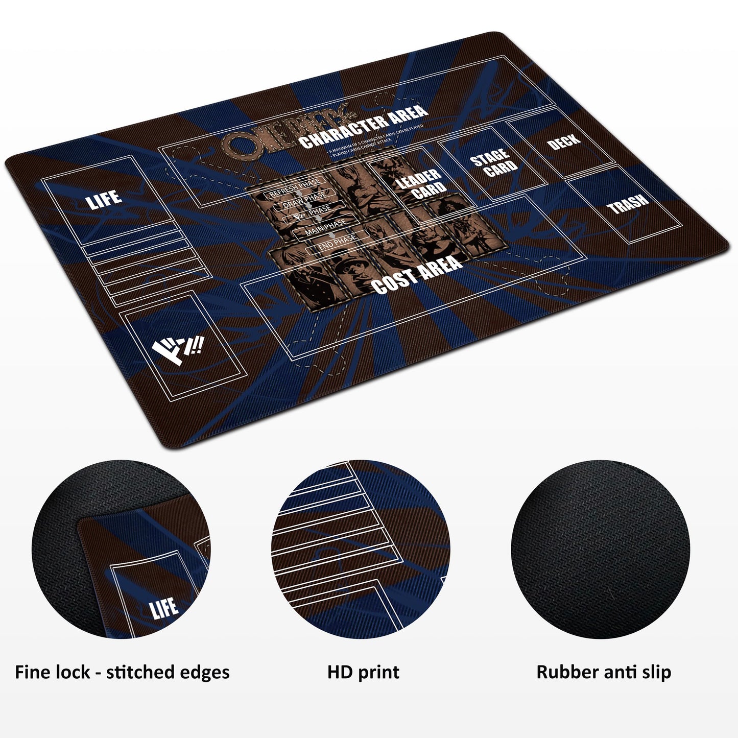 Extalas One Piece Card Game Playmat 24x14 in — Non-Slip Rubber, Zone Design, Includes Storage Bag & 20 Damage Counters (Black1)
