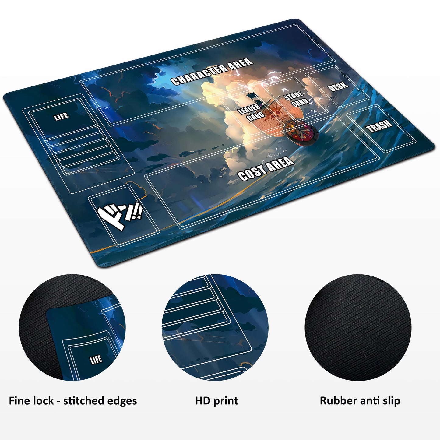 Extalas Playmat for One Piece Card Game – 24x14 in, Non-Slip Rubber, Zone Design, Storage Bag + 20 Damage Counters
