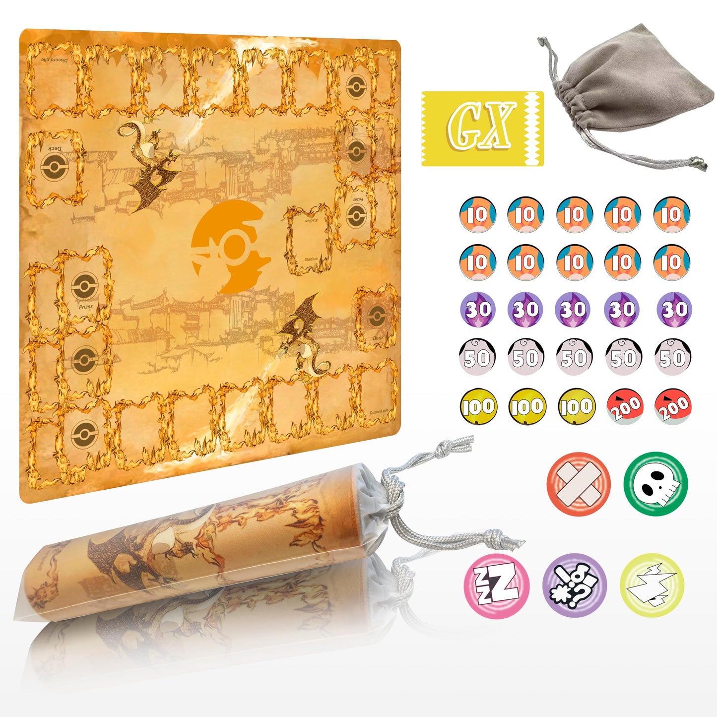 Extalas 2-Player Playmat for Trading Card Games – 31 Damage Counters & Storage Bag