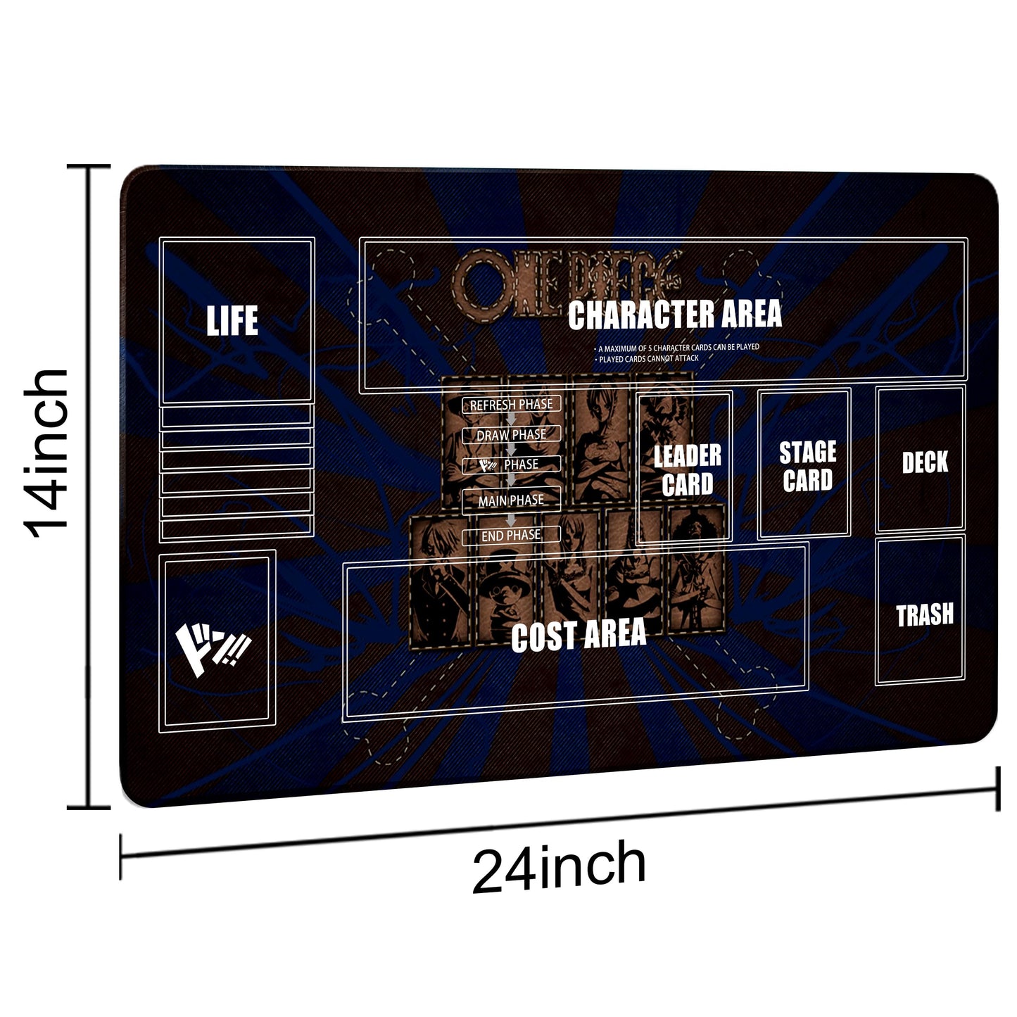 Extalas One Piece Card Game Playmat 24x14 in — Non-Slip Rubber, Zone Design, Includes Storage Bag & 20 Damage Counters (Black1)