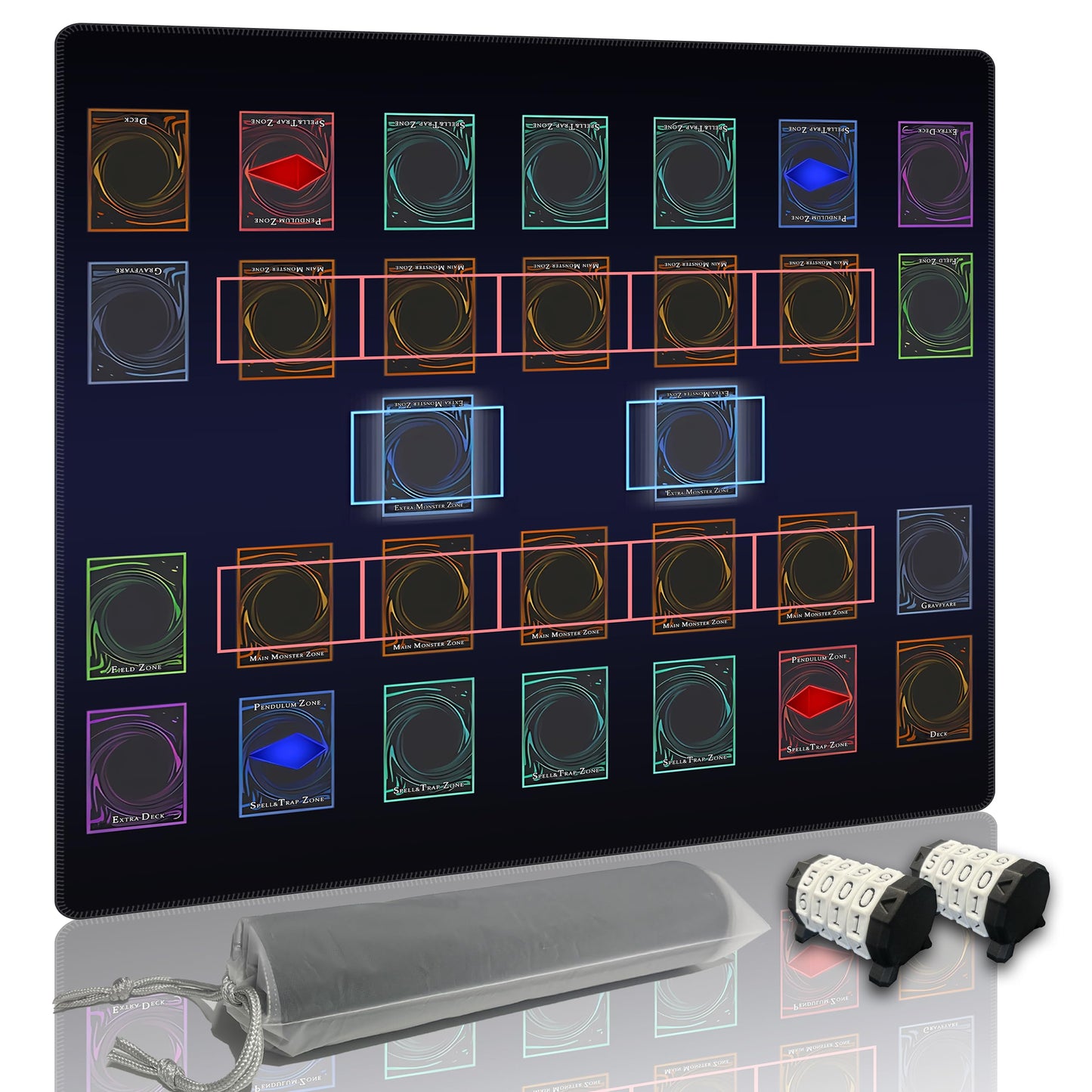Extalas Stitched Yugioh Playmat – Master Rule Duel Field Zones, Large 24x14 in Card Game Mat with Original Art (Basic4)