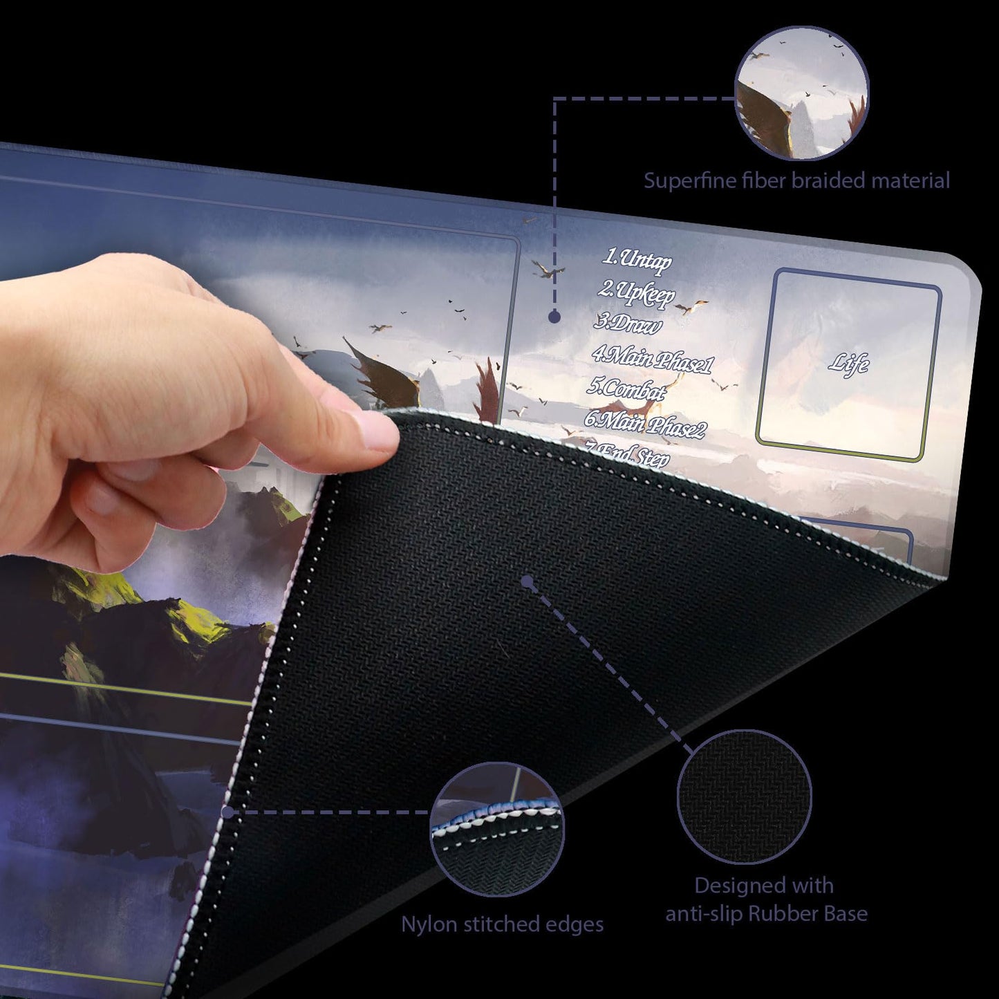 Extalas MTG Playmat – 24x14 in, Non-Slip, Edge-Locking Waterproof with Storage Tube & 7 Dice