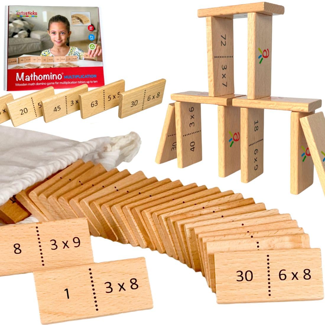 Extasticks Mathomino: Wooden Multiplication Domino Game for Times Tables
