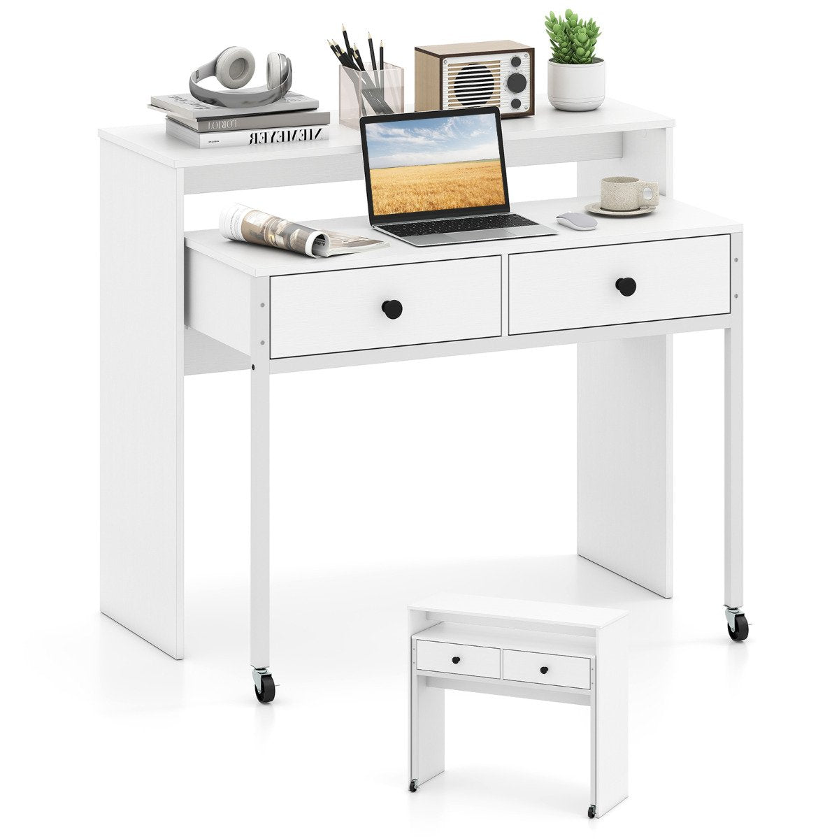 Extendable Computer Desk with 2 Storage Drawers Convertible Home Office Desk -Black