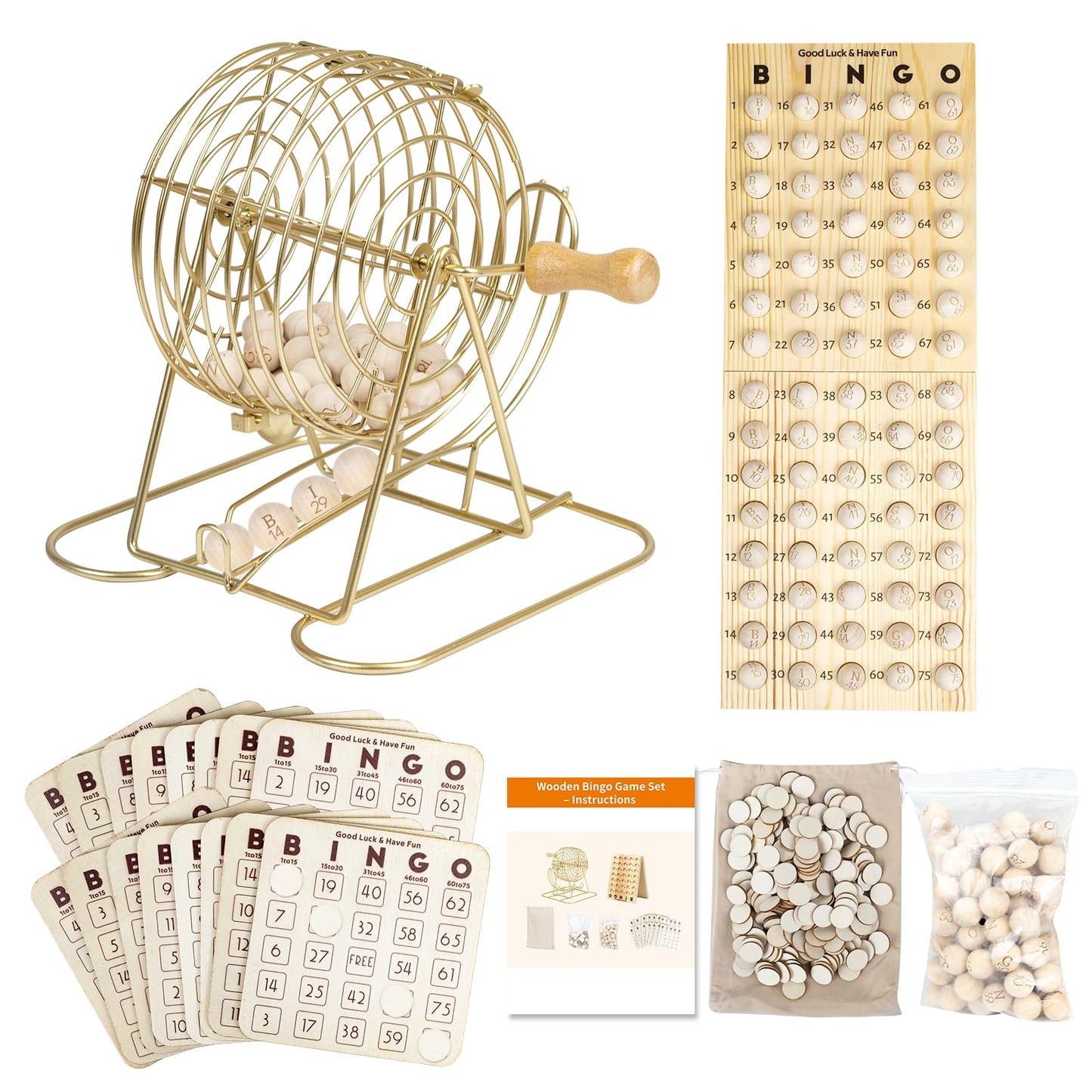 Extguds Wooden Bingo Game Set – Deluxe 7in Cage, 78 Balls, 15 Cards, 400 Chips & Storage Bag