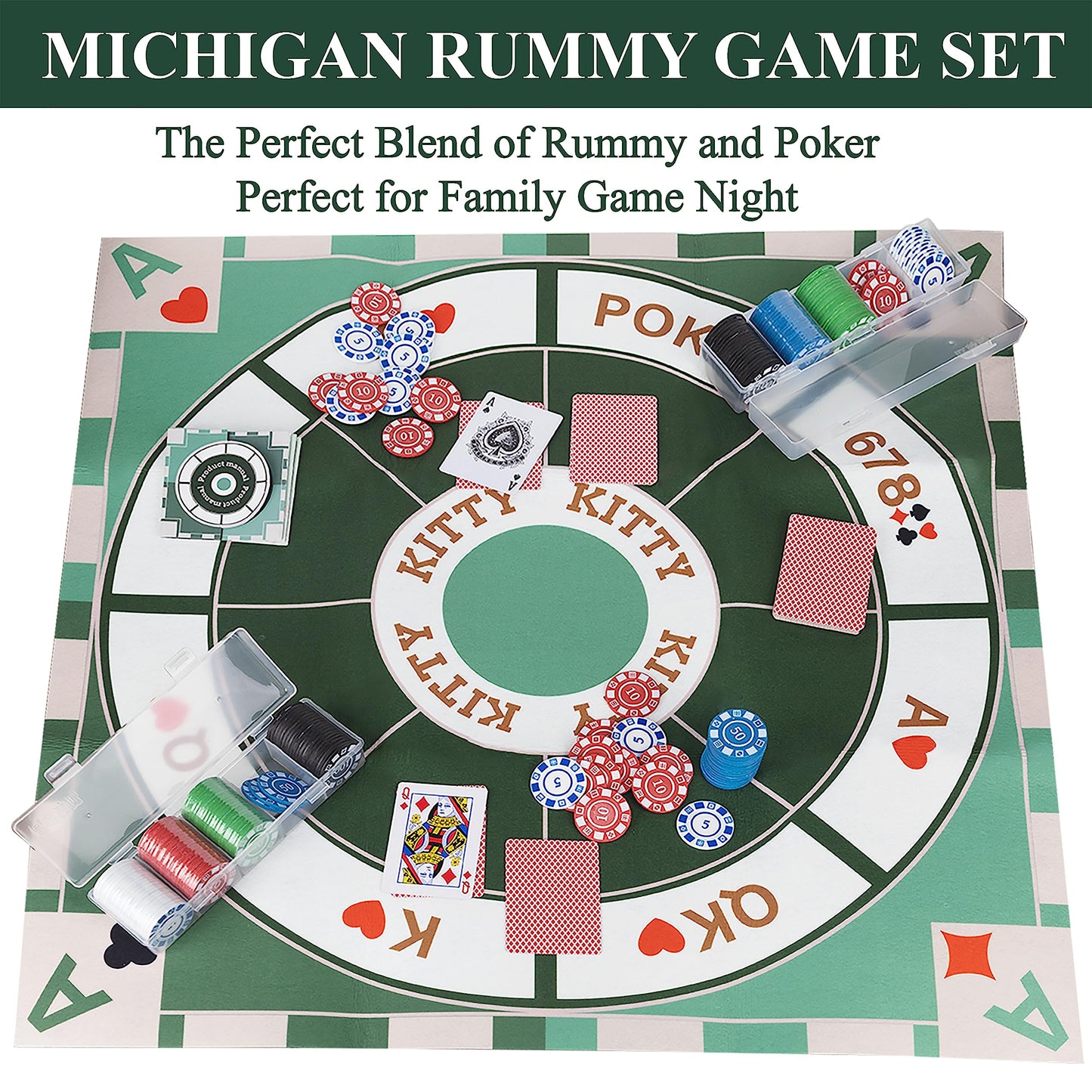 Extguds Michigan Rummy Deluxe Board Game Set – Felt Mat, 200 Chips, Poker Deck