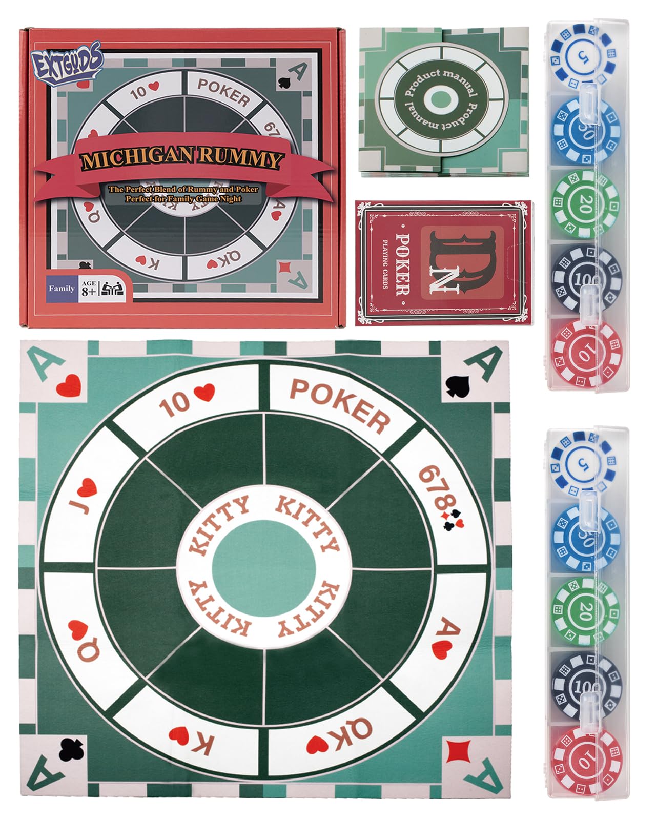 Extguds Michigan Rummy Deluxe Board Game Set – Felt Mat, 200 Chips, Poker Deck