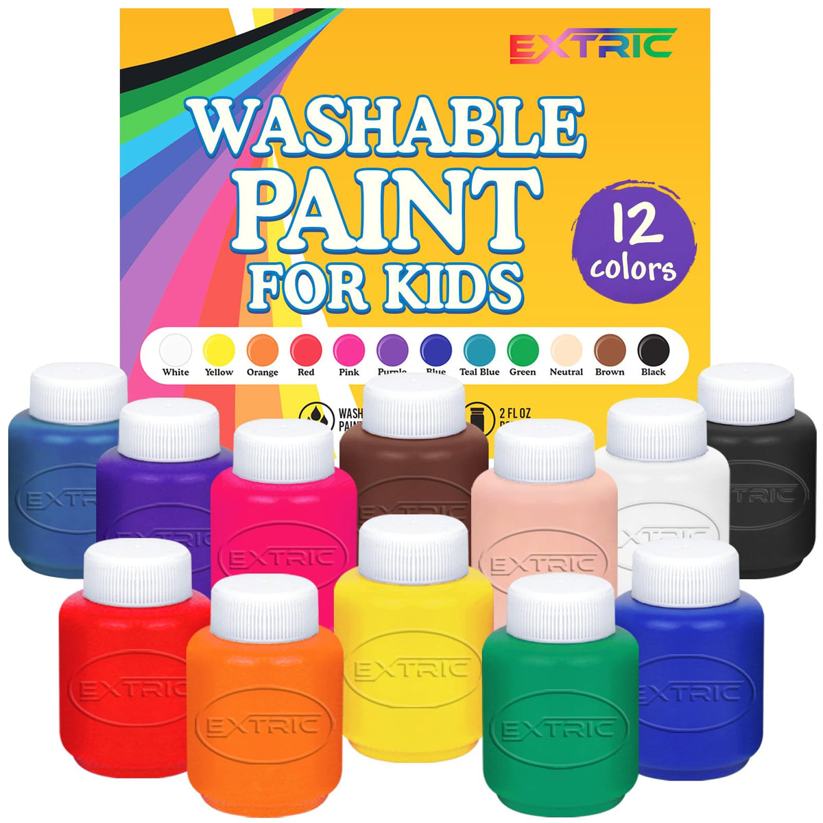 EXTRIC Washable Paint for Kids – 12-Color Tempera Set (2 oz Bottles) | Non-Toxic & Washable