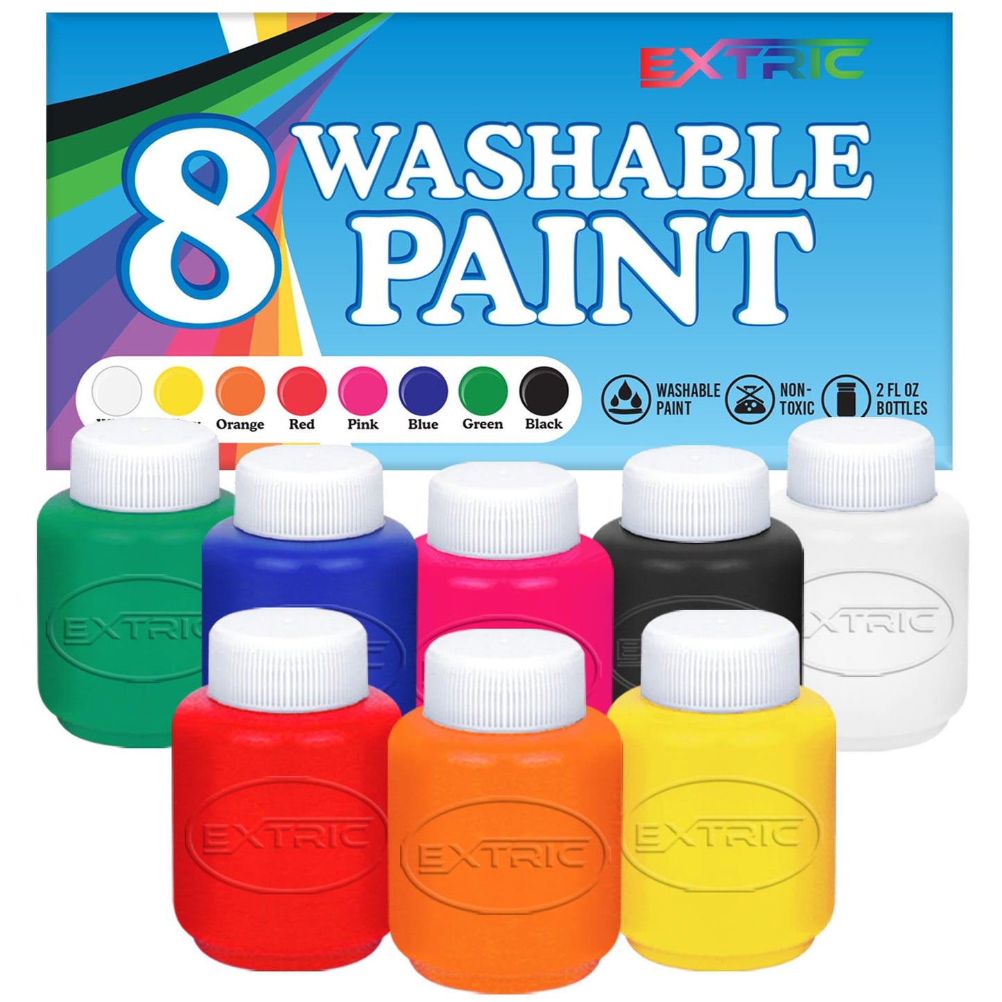 EXTRIC Washable Kids Paint – 8 Color Non-Toxic Tempera, 2 oz Bottles