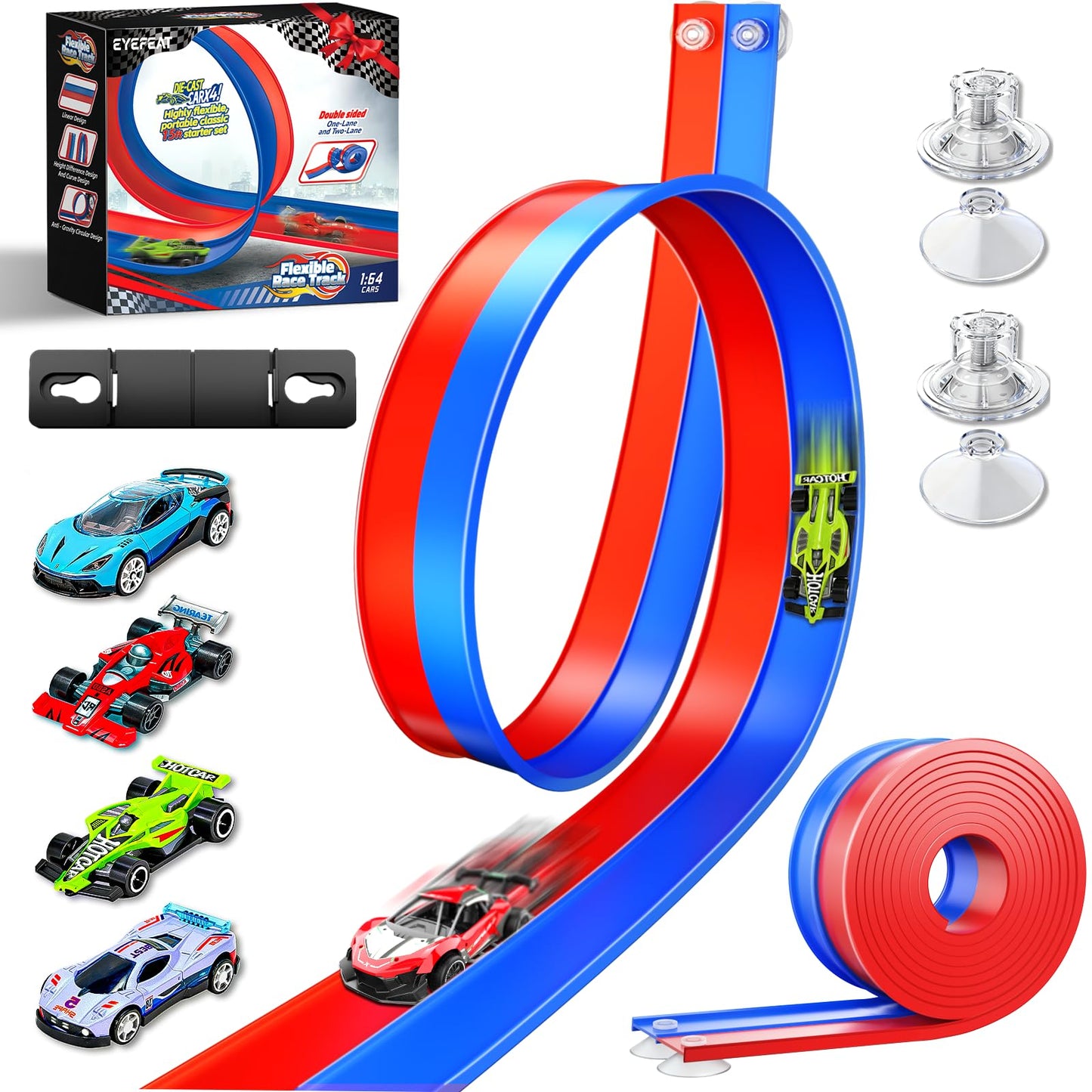 EYEFEAT 15 Ft Flexible Race Track for Kids – Dual-Lane, Suction Cup DIY Track (1/64 Cars)