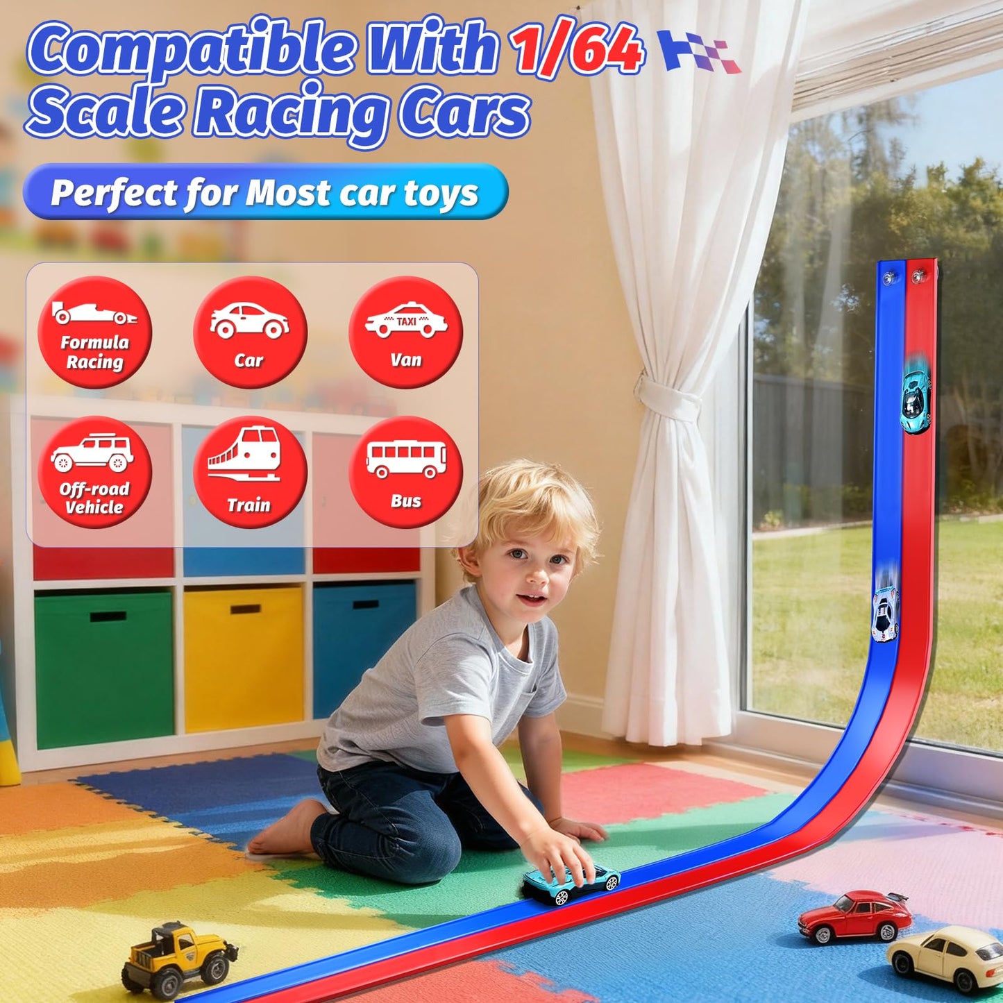 EYEFEAT 15 Ft Flexible Race Track for Kids – Dual-Lane, Suction Cup DIY Track (1/64 Cars)