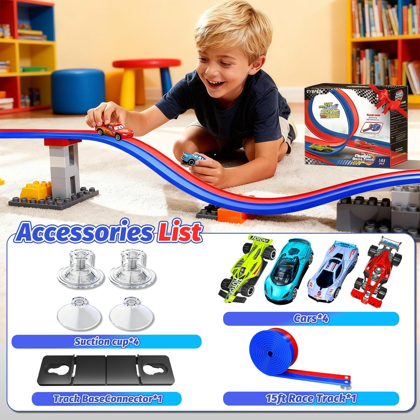 EYEFEAT 15 Ft Flexible Race Track for Kids – Dual-Lane, Suction Cup DIY Track (1/64 Cars)