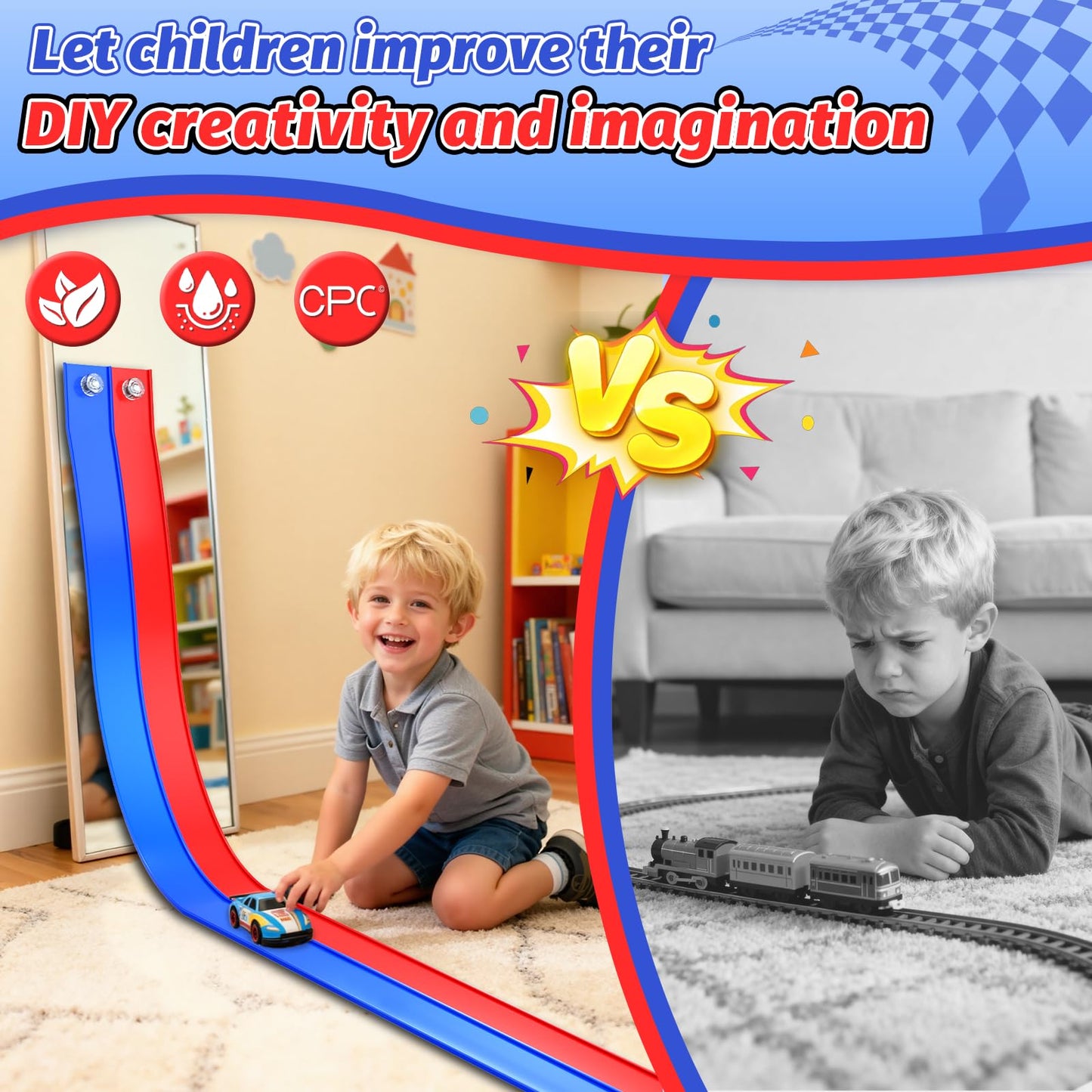 EYEFEAT 15 Ft Flexible Race Track for Kids – Dual-Lane, Suction Cup DIY Track (1/64 Cars)
